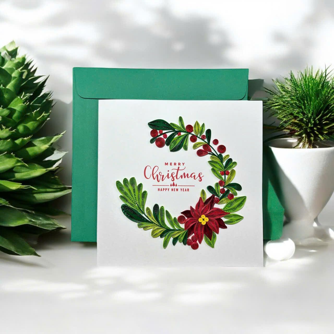 Handcraft 3D Christmas Wreath Quilling Card, Envelope Included, Blank Inside, Xmas Card, Merry Christmas - Image 7