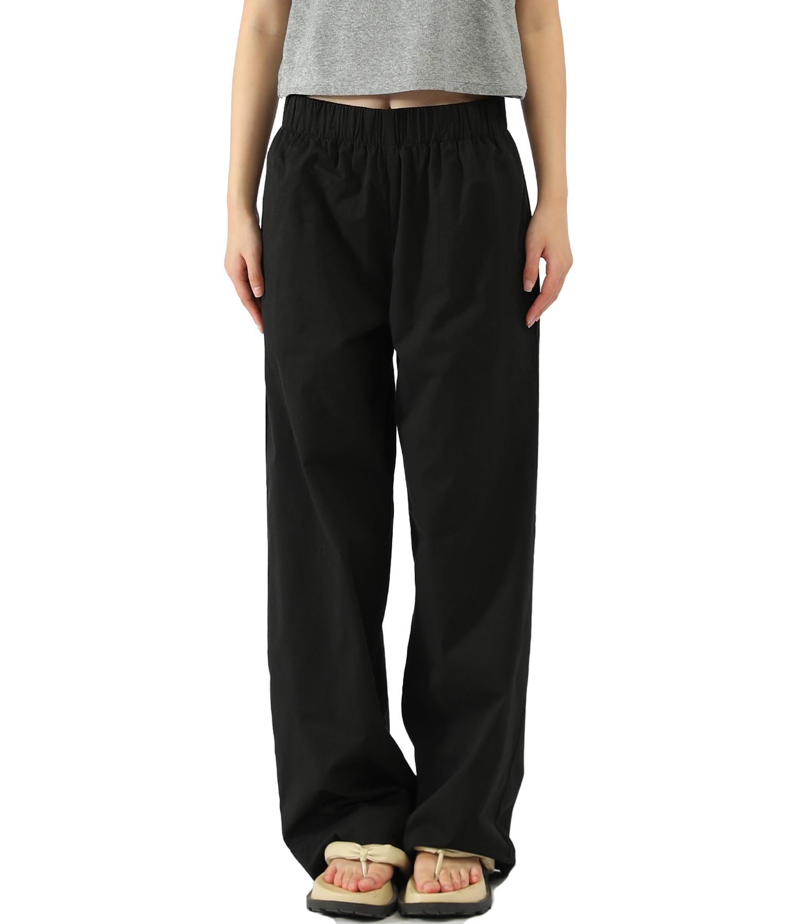 100 Cotton Wide Leg Pants Woman Work Casual Pants for Women Poplin High Waisted Relaxed with Elastic Waist