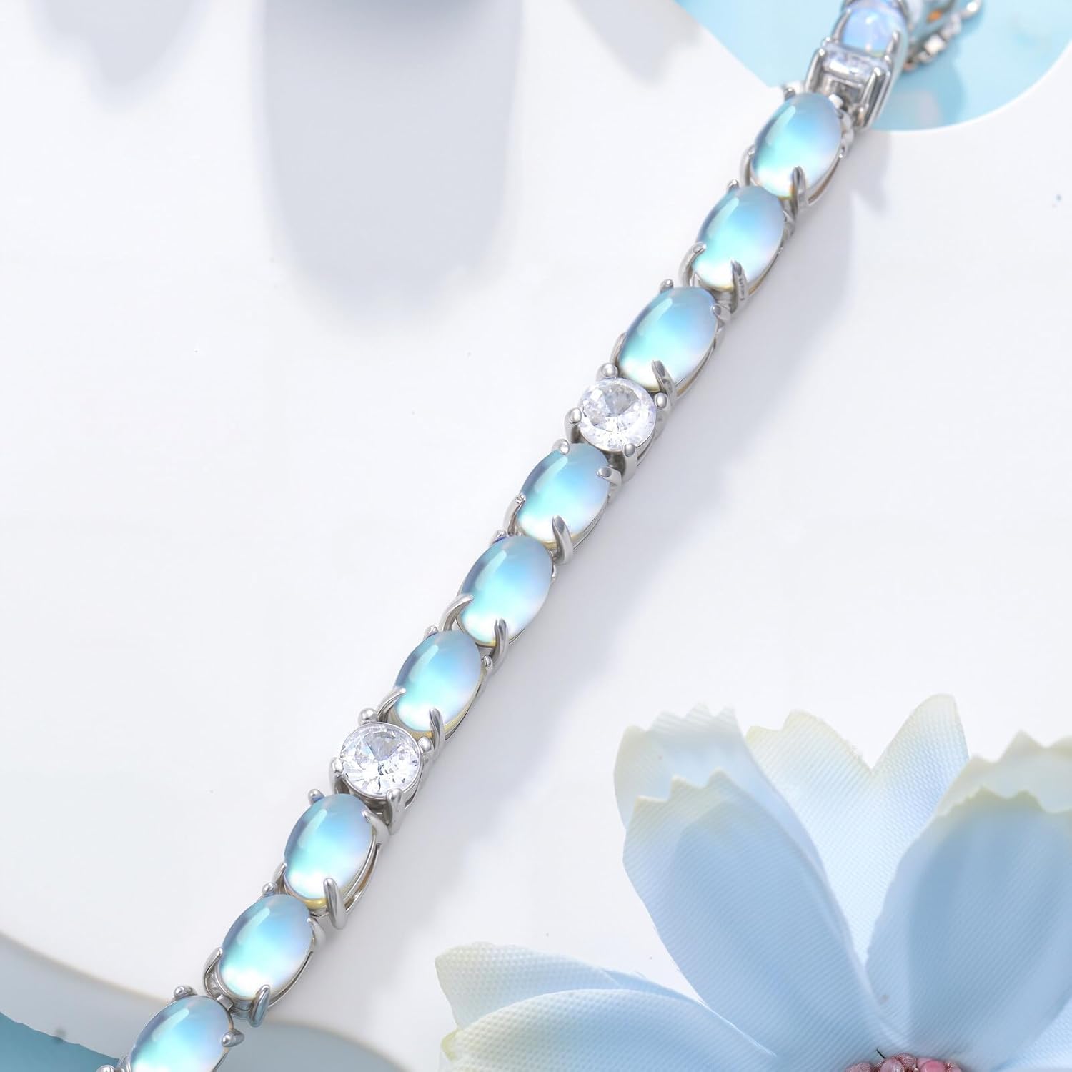 Moonstone Bracelet for Women 925 Sterling Silver 4x6mm Oval Shaped Moonstone Link Bracelet Ladies Jewelry Gifts 7 Inch with 2 Inch