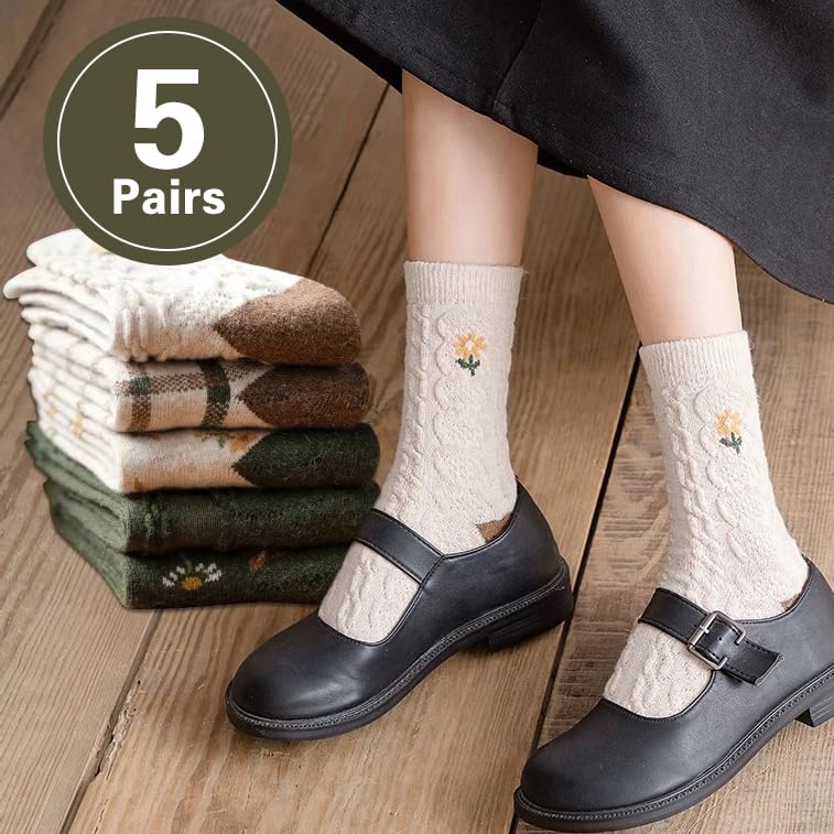 MarJunSep Wool Fall Boot Socks Women Teen Girls Thick Knit Vintage Cute Floral Hiking Winter Warm Crew Socks2