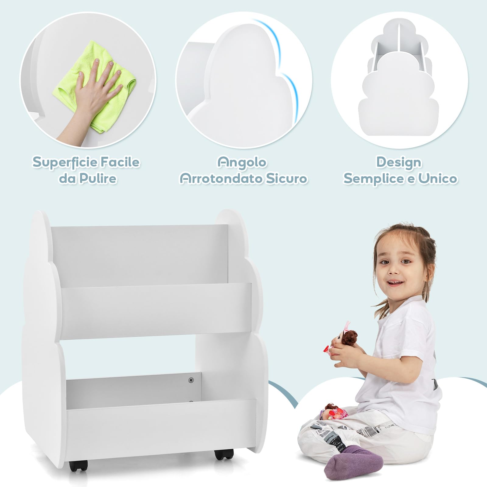 COSTWAY Libreria Montessoriana Doppio Lato per Bambini con Ruote, Scaffale Portaoggetti Multifunzione a 2 Livelli con Angoli Arrotondati, Libreria Bassa per Cameretta e Asilo, 52x47x63,5 cm, Bianco