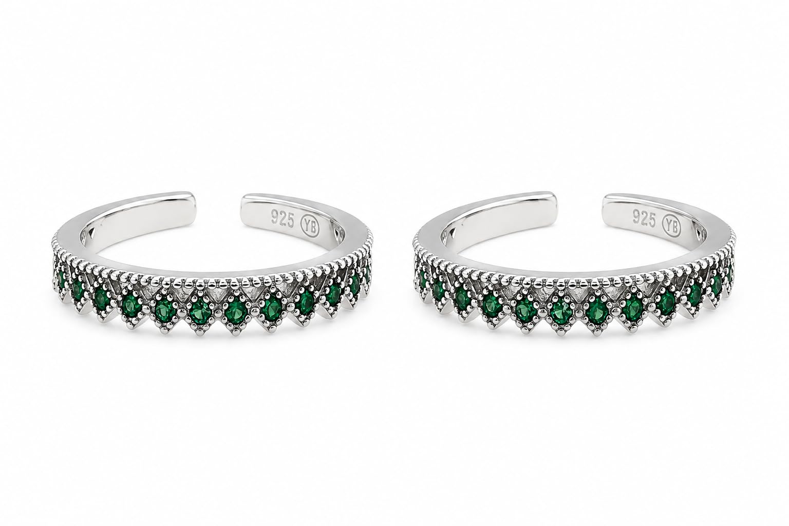sahiba gems 925 Sterling Silver Designer Toe Rings for Women | Crown Style Baby Green Zircon Cz Band Bichiya | Pair of 2 | Lightweight & Skin Friendly I Not Turn Black-picture-24