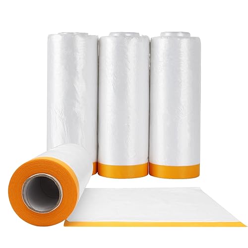 4 rollos de láminas de plástico transparente de 4.9 pies x 65.5 pies, paños de película adhesiva precintados para pintura, cubierta de pintura
