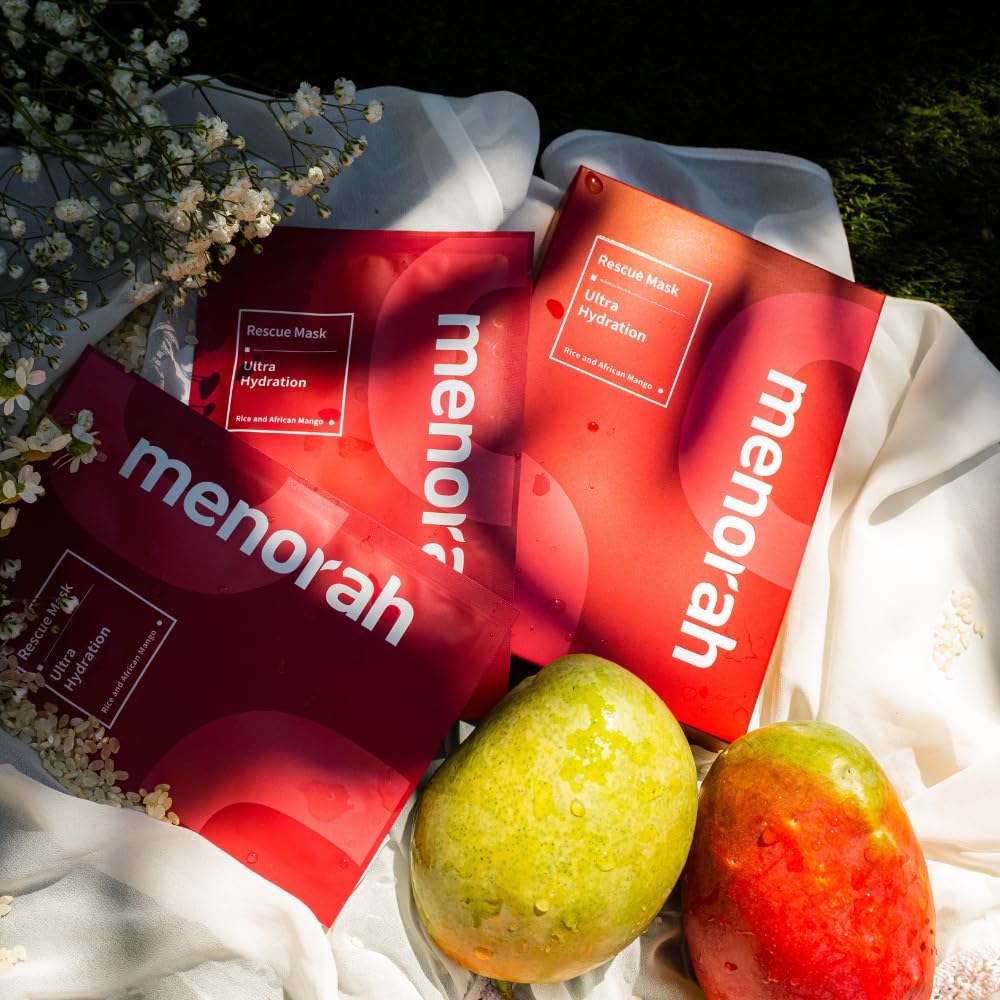 menorah Skincare - Máscara de rescate ultra hidratante (4 hojas) con arroz, mango africano, mascarillas faciales, mascarilla hidratante, súper hidratación e hidratación, 100% algodón orgánico