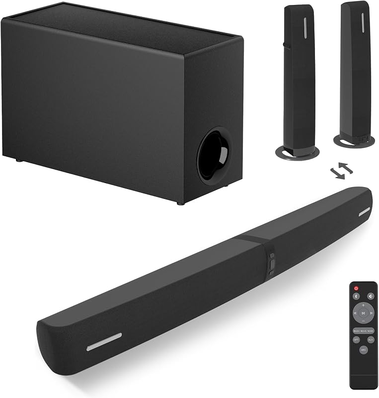 Sound Bar with Subwoofer, 110W Sound Bar for Smart TV with Adjustable Deep Bass & Volume Boost & 3 Equalizer Modes, Bluetooth/ARC/Opt/AUX, Detachable Soundbar for TV/PC/Gaming/Projectors
