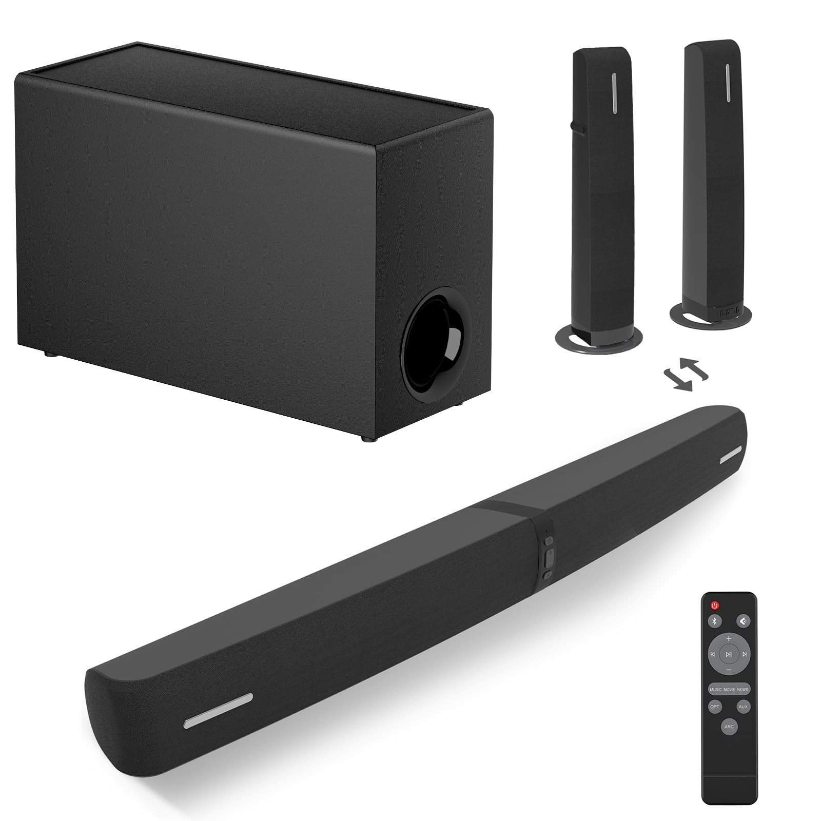 Assistrust Sound Bar with Subwoofer, 110W Sound Bar for Smart TV with Adjustable Deep Bass & Volume Boost & 3 Equalizer Modes, Bluetooth/ARC/Opt/AUX, Detachable Soundbar for TV/PC/Gaming/Projectors