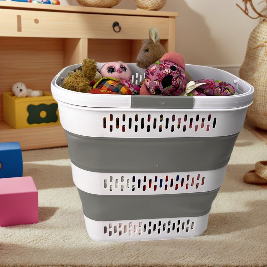 SAMMART 38L Faltbarer Wäschekorb - Faltbarer Pop-Up-Aufbewahrungsbehälter/Organizer - Tragbarer platzsparender Wäschekorb, Maße 44,6x33,8x40cm/9,6cm aufgeklappt/gefaltet (2, White/Grey)