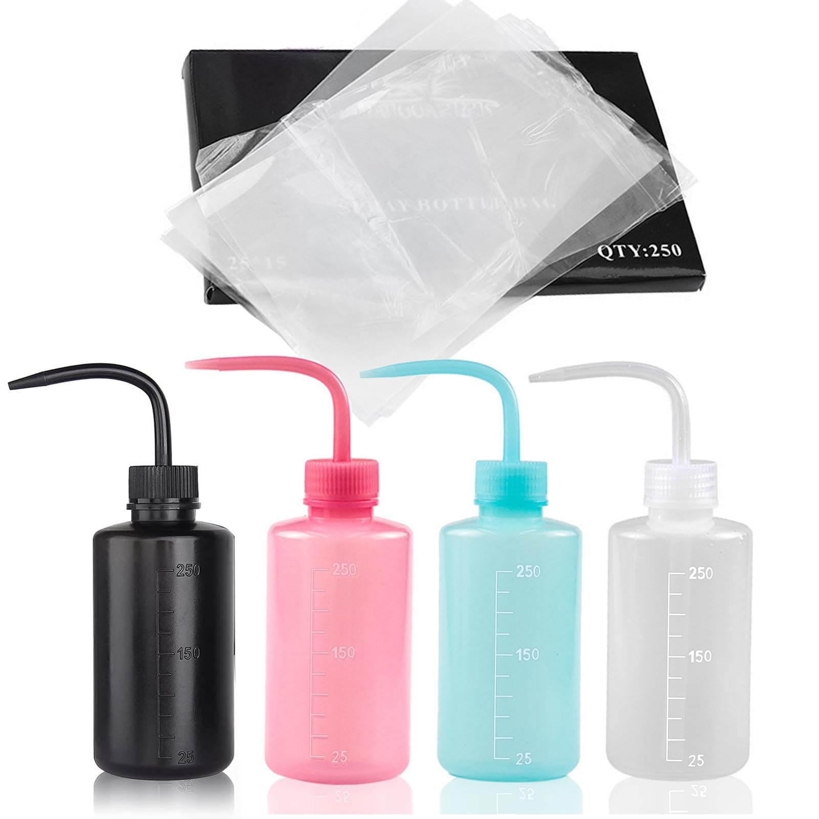 HOINCO 250 Piece Tattoo Bottle Bags with 4 Wash Bottles - Squeeze Bag Covers for Cleaning Supplies, black, pink, blue