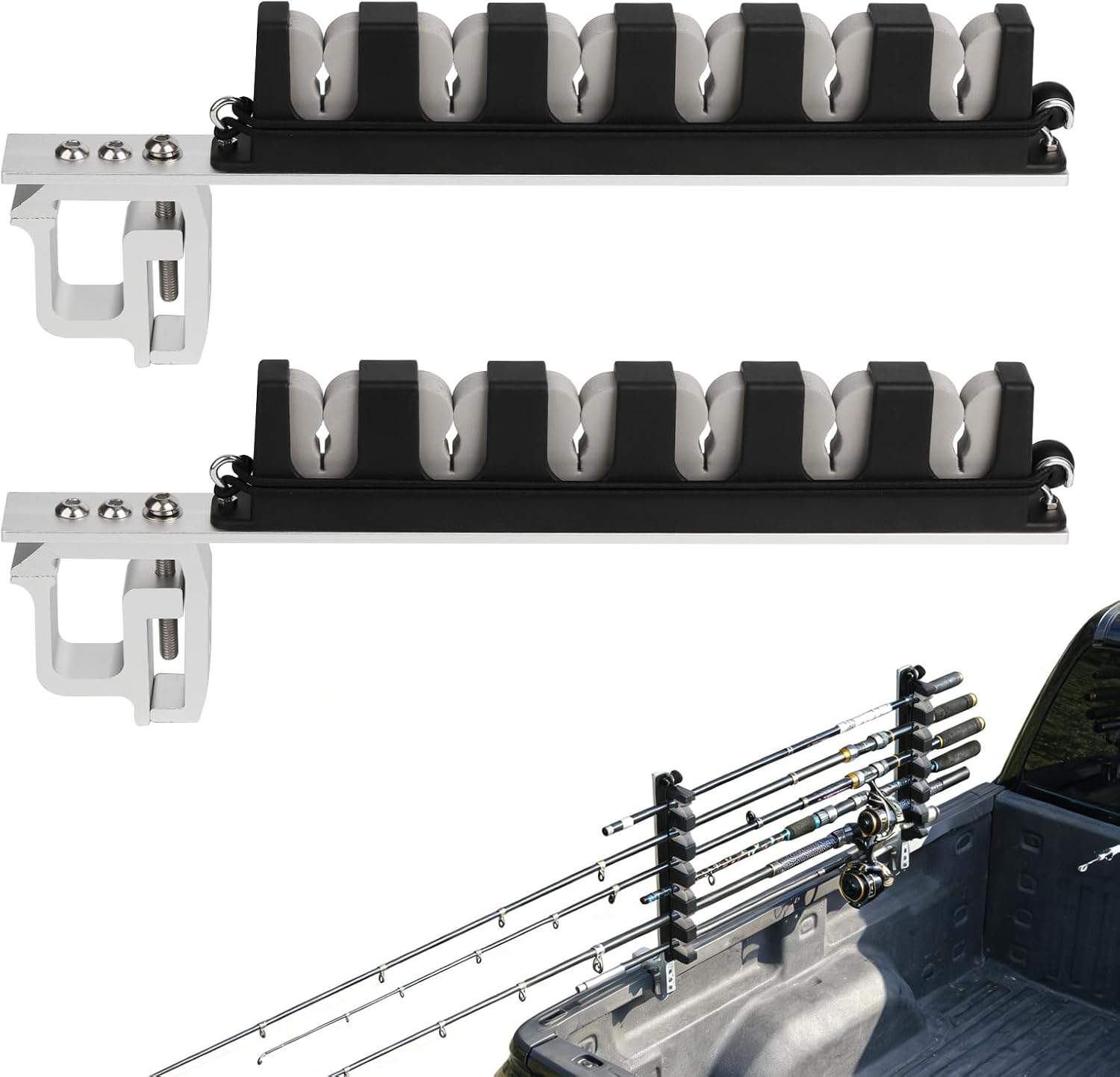 Truck Bed Fishing Rod Holder - 6 Rod Capacity with EVA Foam, Aluminum C-Clamp Mount, No Drill Installation, Fits Truck Bed & Boats