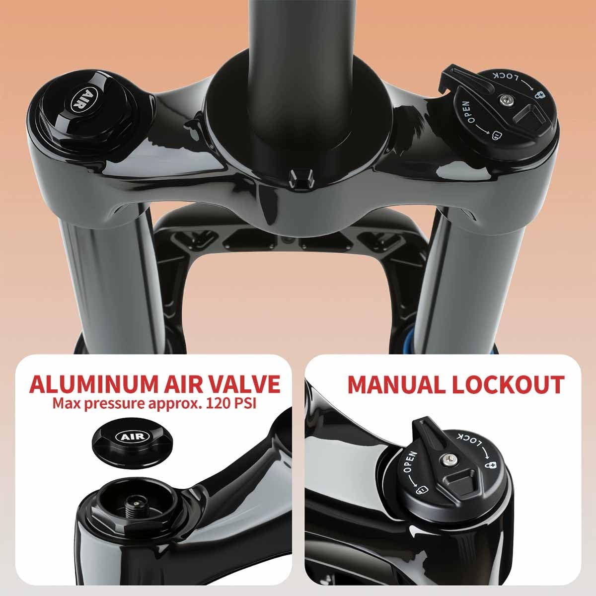 Horquilla de suspensión para Bicicleta de montaña de 27,5/29 Pulgadas, Recorrido de Aire de 120 mm, Freno de Disco Delantero Recto de 1-1/8", Cierre rápido de 9 * 100 mm, Bloqueo m