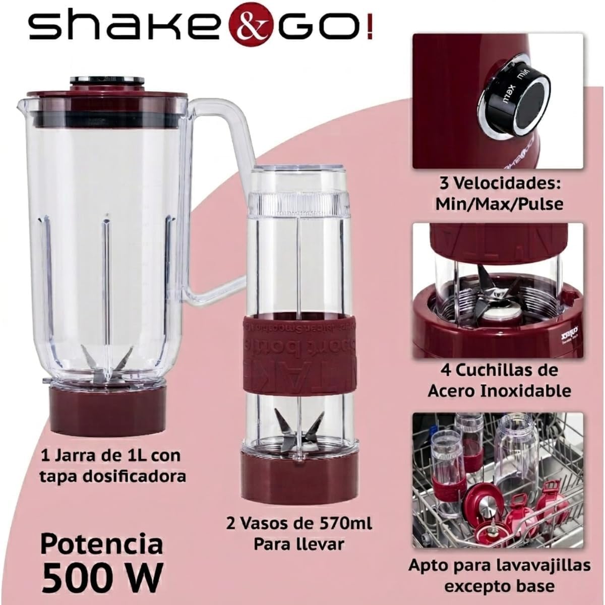 Batidora Licuadora de Vaso Pequeña Portatil para Smoothies Batidos Frutas Zumos 1L con 2 Vasos Batidores Smoothie Maker Lavable Lavavajillas Antideslizante Uso Diario 3 en 1 – XsQuo