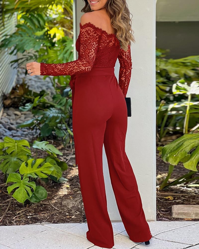 CHICME Womens Dressy Jumpsuits Casual One Piece Outfits Off Shoulder Lace Trim Overalls Straight Leg Pants - Image 5