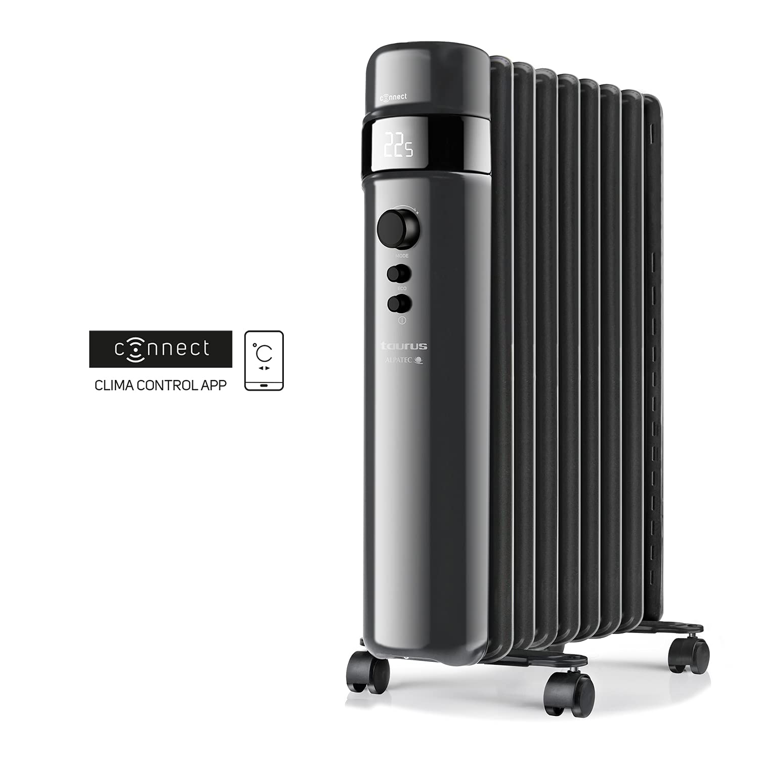 Taurus Connect - Radiador de aceite inteligente, Wifi, APP, Controles por voz, 2000W, 3 intensidades, temperatura ajustable, modo ECO, ruedas, programable, 9 elementos, hasta 20m2