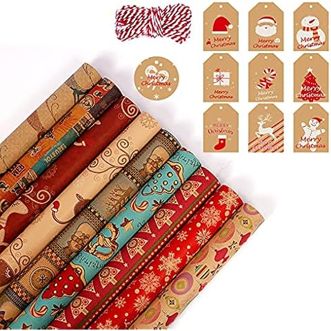 Christmas Wrapping Paper,10 Sheets Christmas Wrapping Paper Roll Christmas Gift Wrapping Paper Xmas Wrapping Paper with Bonu-s 10Pcs Christmas Gift Tags +10m String Cover