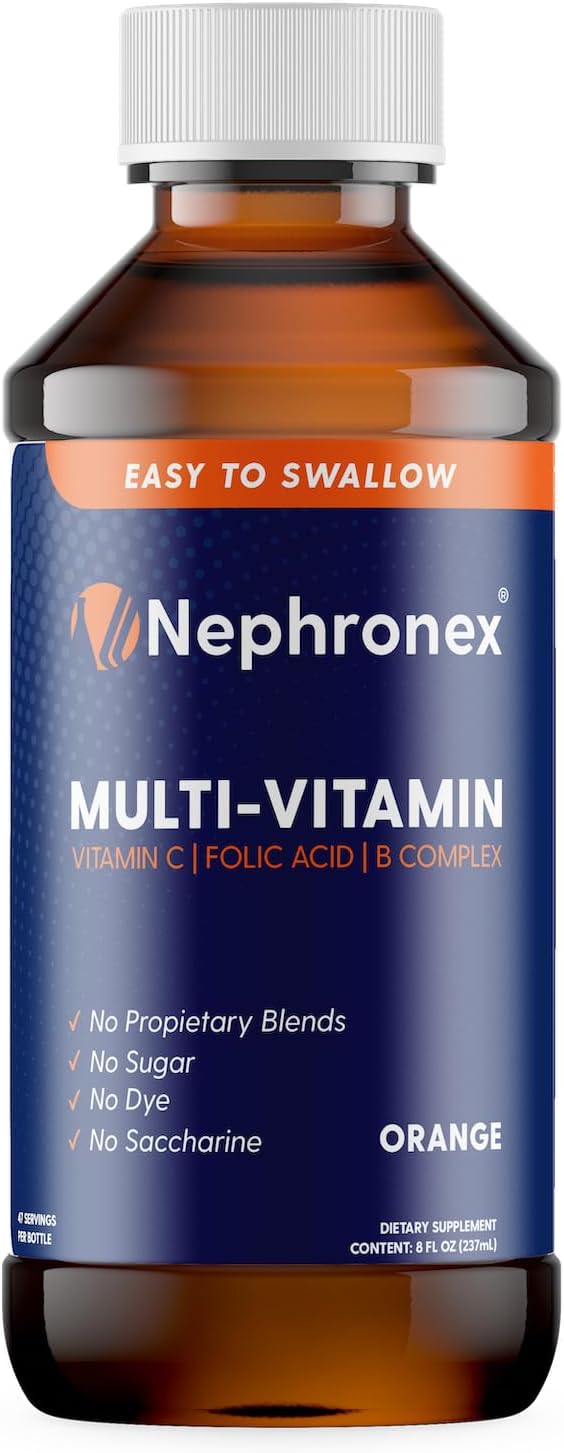 Nephronex Renal Vitamins, 8oz Orange Flavor Sugar Free, Dye Free Improve Kidney Function with Kidney Vitamins - Vitamin C, Folic Acid, B Complex, Best Kidney Supplements
