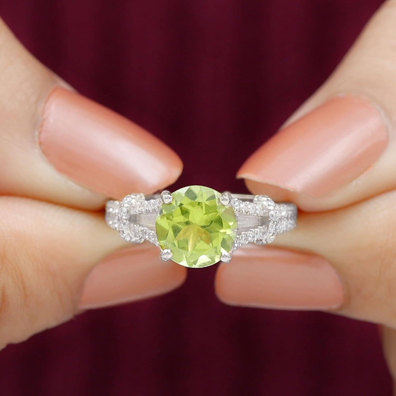 Round Peridot Solitaire Split Shank Ring, Engagement Ring for Women, Aaa Quality