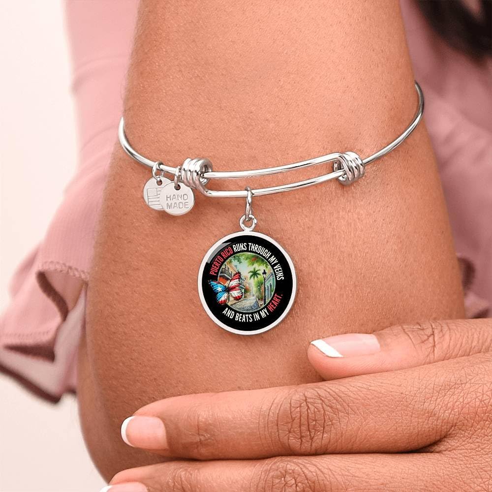 Puerto Rico Runs Through My Veins Charm Bracelet – Puerto Rican Patriotic Pride Jewelry with Flag Butterfly Design