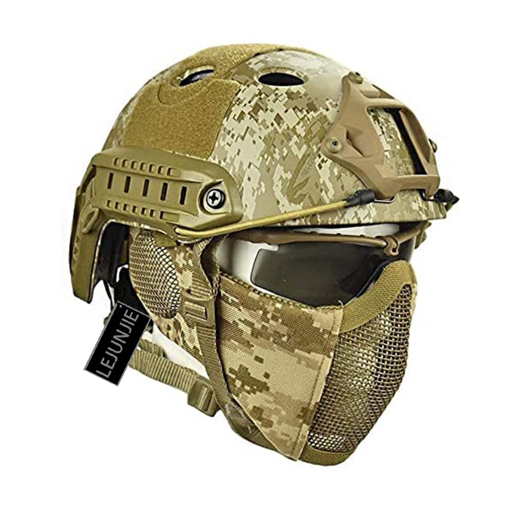 PJ Airsoft Paintball Fast Helm mit faltbarem Gehörschutz halbe Stahlnetz Maske und Brillen Set