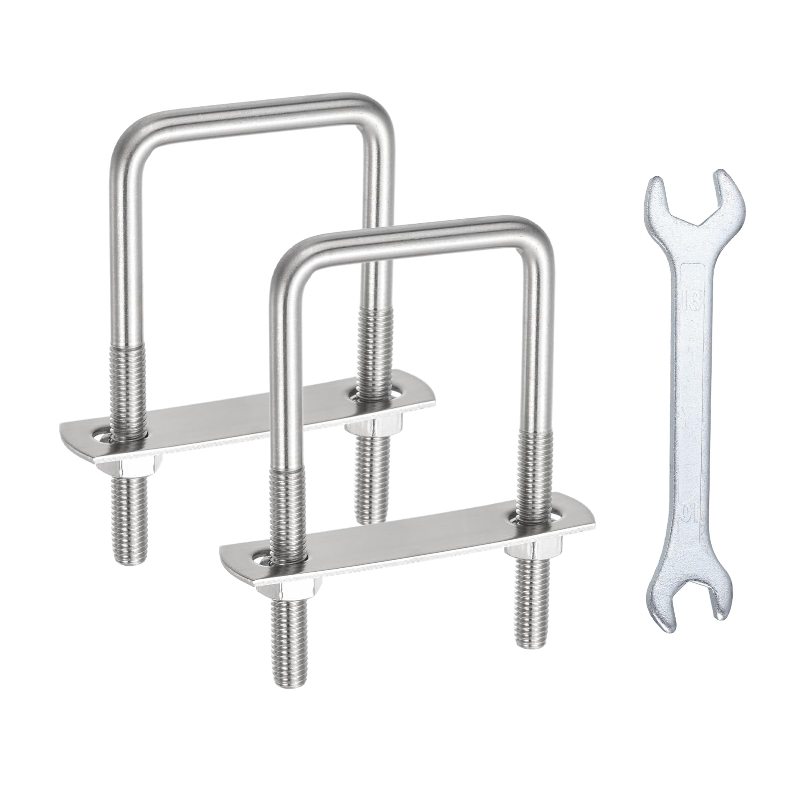sourcing map 2Pcs M8 U-Bolts, 2"(51mm) Inner Width 3.94"(100mm) Length 304 Stainless Steel Square Bend U Bolts with Nuts Frame Plate Washers and Wrench for Trailers Boats Axle Sailboat