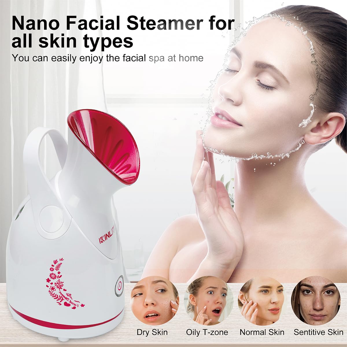 KINLITO Vaporizador facial nano iónico, limpieza profunda, desobstruye los poros para limpieza profunda de poros y alivio sinusal, kit de 5 piezas de acero inoxidable para la piel (rojo rosa)
