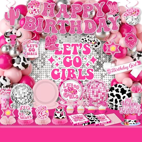 Cowgirl Birthday Party Decorations 275Pcs Disco Cowgirl Party Decorations with Cowgirl Balloon Arch Lets Go Girls Backdrop Tableware Banner Tablecloth for Western Cowgirl Last Rodeo Bachelorette Decor