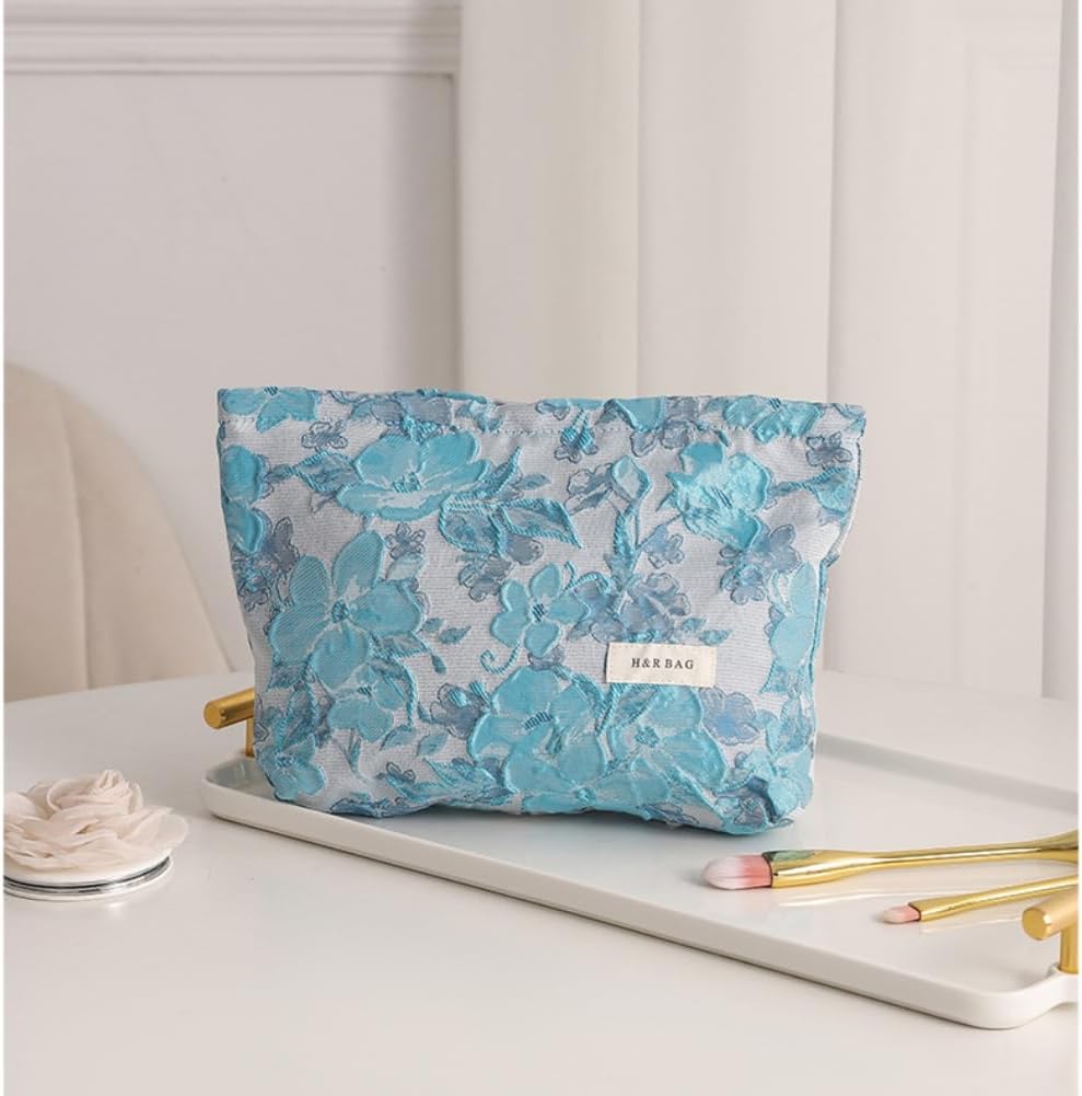 Aucuu Cosmetic Bag, 2 Pack Floral Embroidery Toiletry Bags, Multifunctional Travel Makeup Bag, Floral Cosmetic Bag, Portable Pouch Purse Case for Women, Girls, Travel, #5 Blue, contemporary image 5