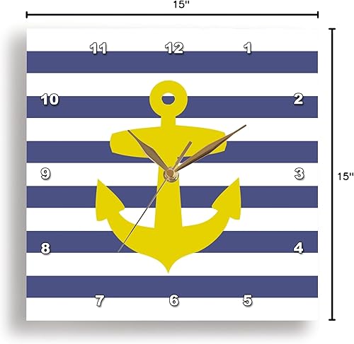 Miniatura 9 de 3dRose DPP_57478_3 Reloj de pared con diseño de rayas bretonas francesas con ancla amarilla dorada náutica retro con diseño de rayas marineras azul