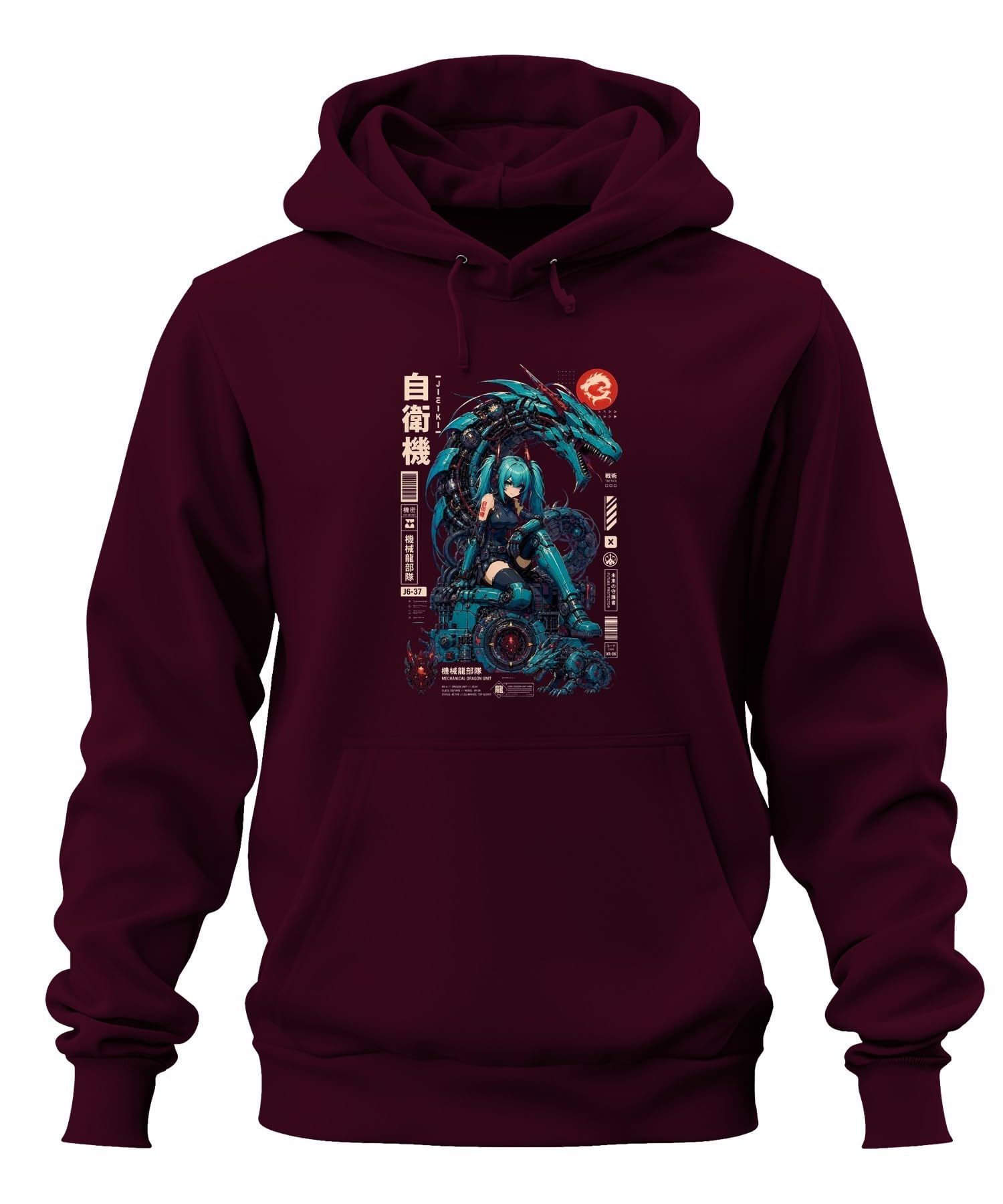 Mechanical Dragon Unit Japan Y2K Felpa con cappuccio Borgogna, XL | Cyborg Robot Techwear Otaku Gaming Regalo Nerd Vaporwave Warrior Aesthetic Tactical Future