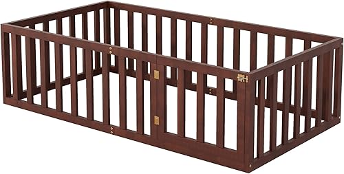 Miniatura 6 de Merax Marco de cama de madera de tamaño individual con valla y puerta (natural)