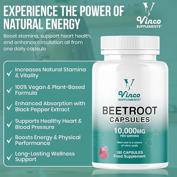 Vinco Beetroot Capsules 10,000mg - High Strength Beetroot Supplement 180 Vegan Capsules - Nitric Oxide Support - Enriched with Black Pepper - Made in The UK