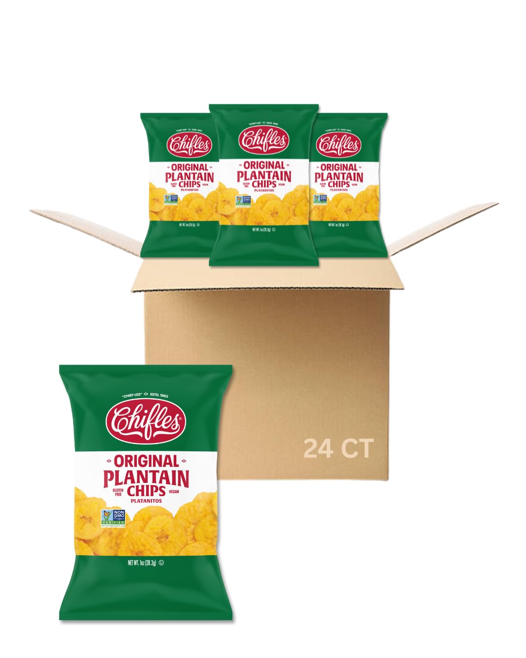 Chifles Original Salted Plantain Chips - 24 Individual Bags - Crunchy & Salty Plantain Chips - Less Fat than Most Potato Chip - Tasty Vegan Snacks, Gluten Free and No Sugar Added- 24 Pack