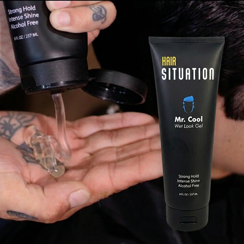 Hair Situation Mr. Cool Wet Look Strong Hold Hair Styling Hair Gel, High Shine, Anti-Humidity Shield, Anti-Frizz Fly Away, Alcohol-Free, No Flake Formula Made with Vitamins to Strengthen Hair, 8 Fl Oz
