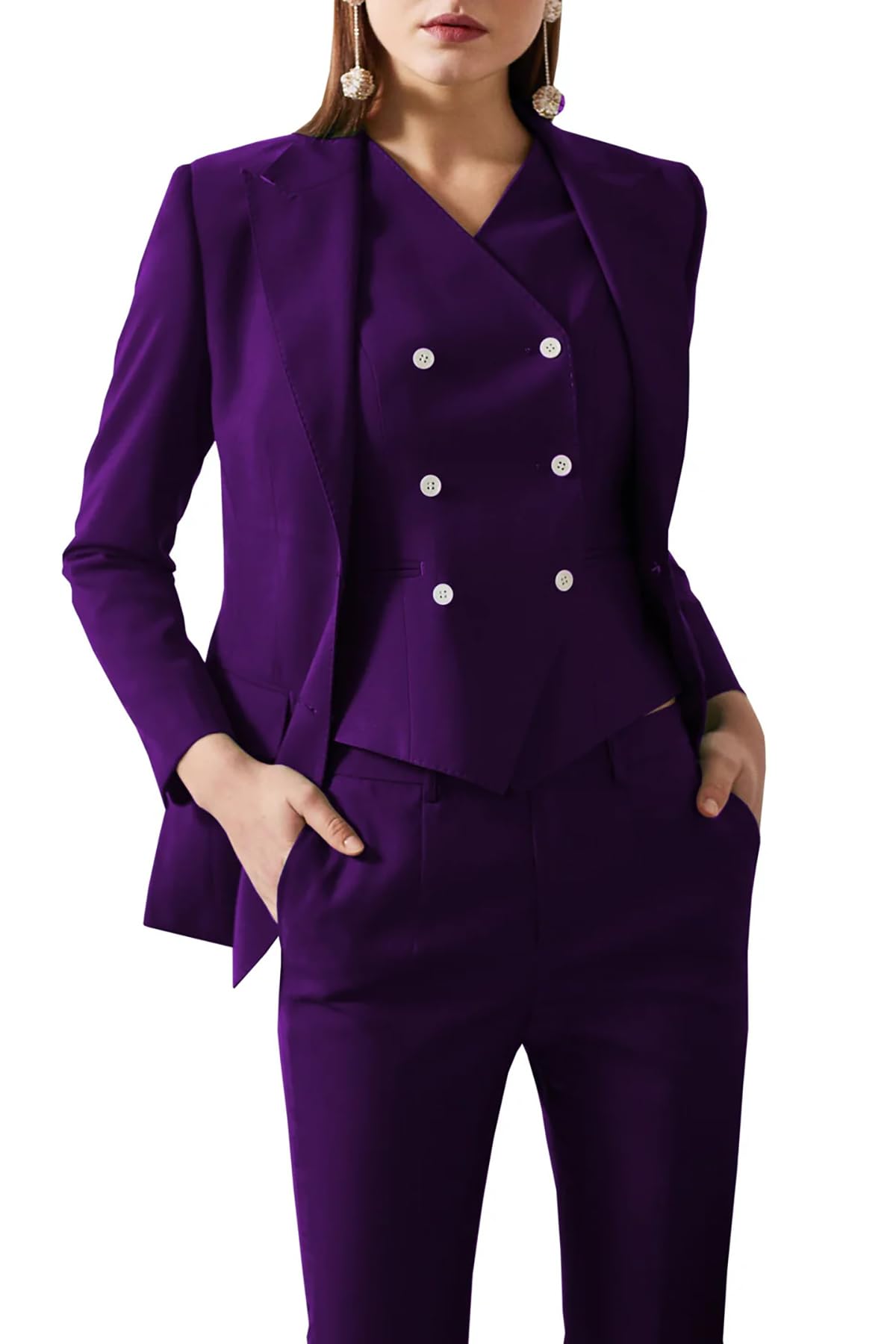 Womens 3 Piece Suit Double Breast Suit for Women Business Slim Fit Suits Outfits Peaked Lapel Pants Suits