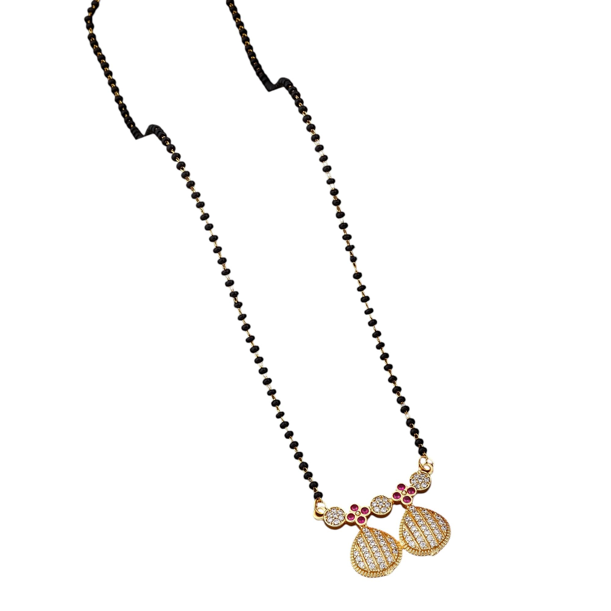 Traditional Gold-Plated Brass Mangalsutra, Double Pendant with CZ Stones and Ruby Accents-image-21