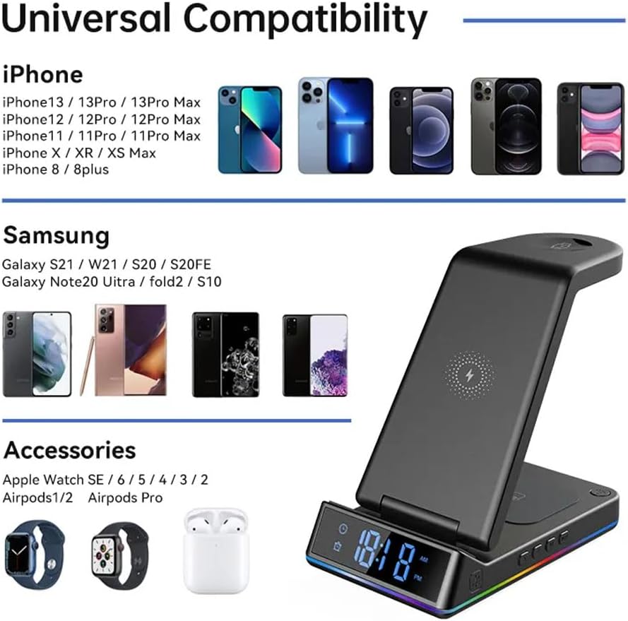STC 5 in 1 Wireless Charger with Clock/Alarm and Night Light, 15W Qi Fast Charging Station Compatible with iPhone, AirPods and Apple Watch
