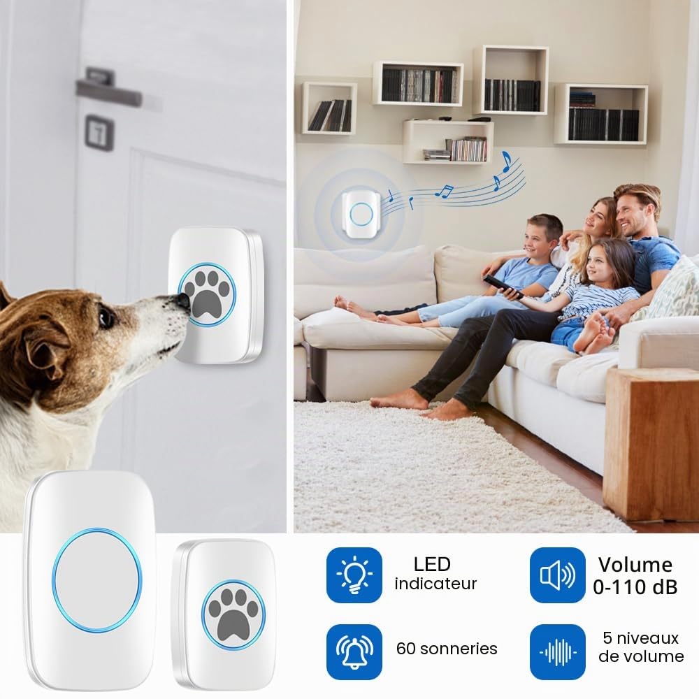 DONGKER Sonnette sans Fil pour l'entraînement des Animaux de Compagnie, Sonnette sans Fil pour Chiens et Chats, étanche IP44, avec 60 sonneries et 5 Niveaux de Volume réglables pour Chiens et Chats