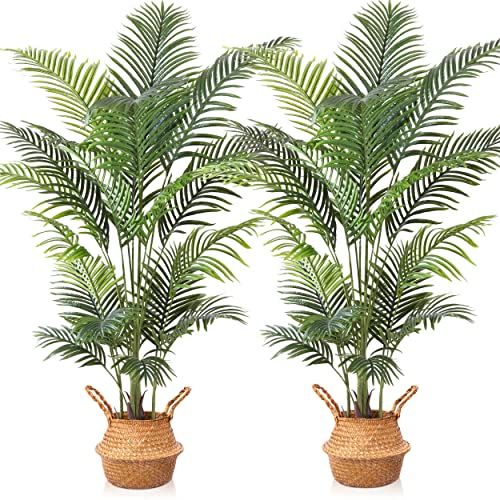 Ferrgoal Artificial Areca Palm Plants 6 Ft Fake Palm Tree With 20 Trunks In Pot With Woven Basket Faux Dypsis Lutescens Plant For Home Indoor Office Modern Decor Perfect Housewarming Gift Green 2 Pack #TOP16
