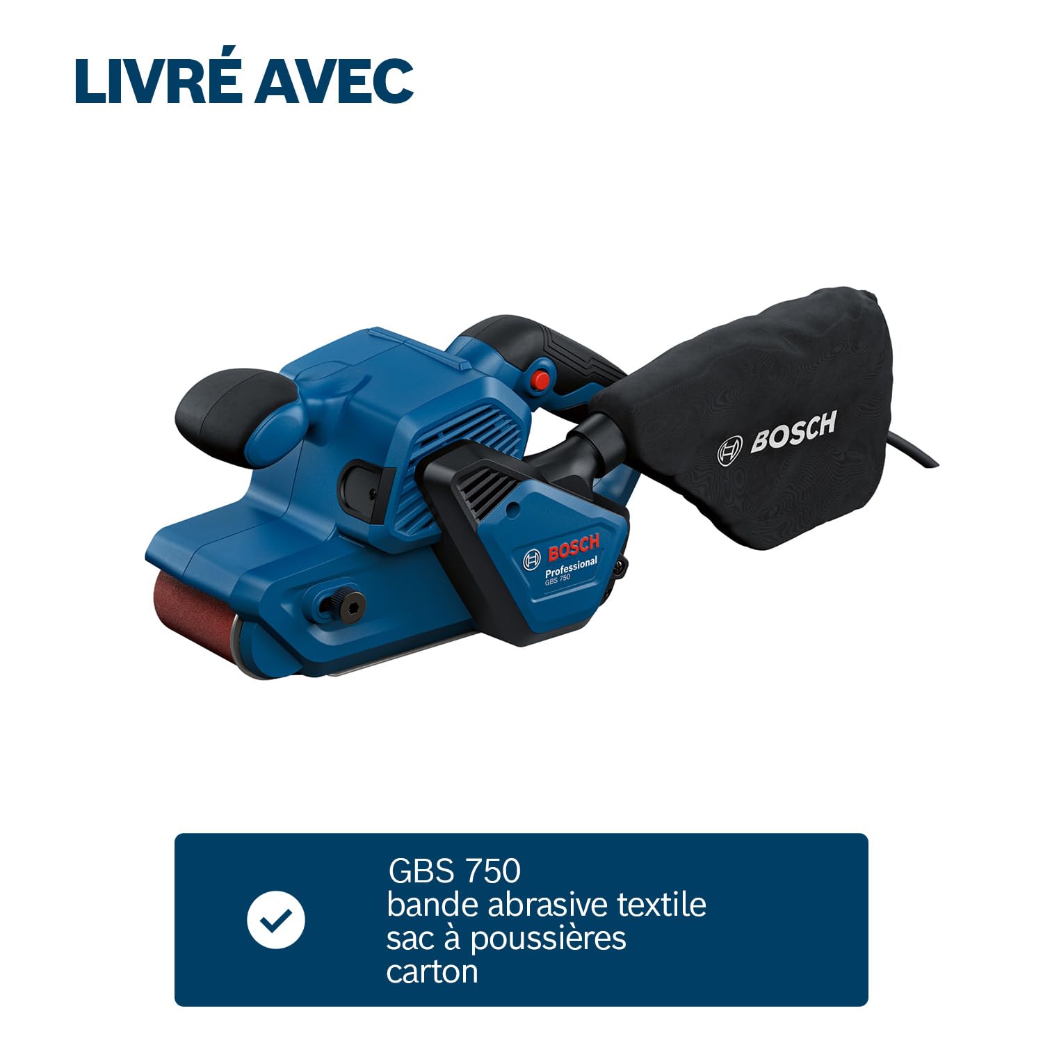 Bosch Professional Ponceuse à bande GBS 750 (moteur 850 W, y compris bande abrasive textile, sac à poussières)