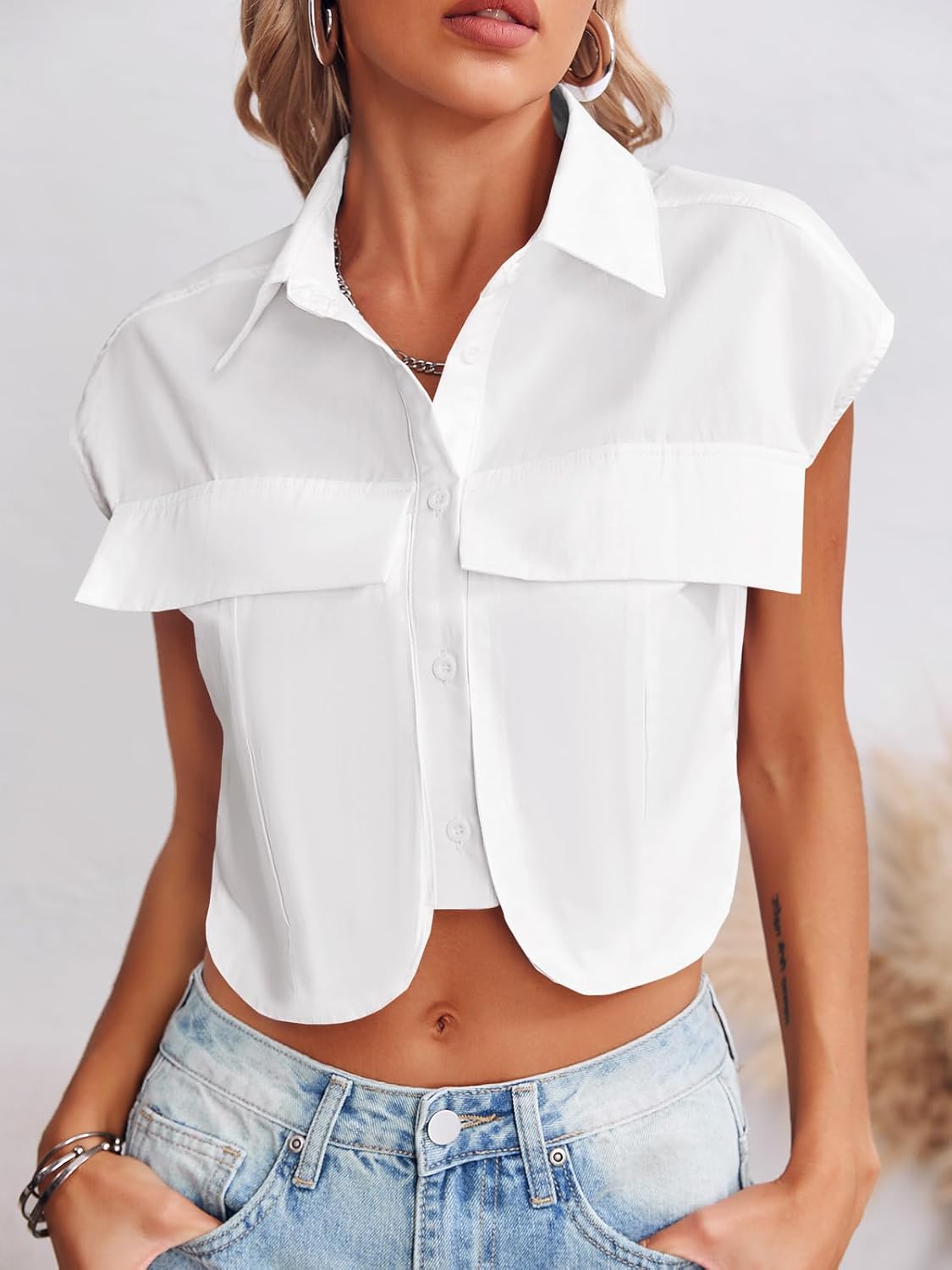 Tankaneo Womens Button Down Shirts Cute Summer Cap Sleeve Crop Tops Blouse - Image 2