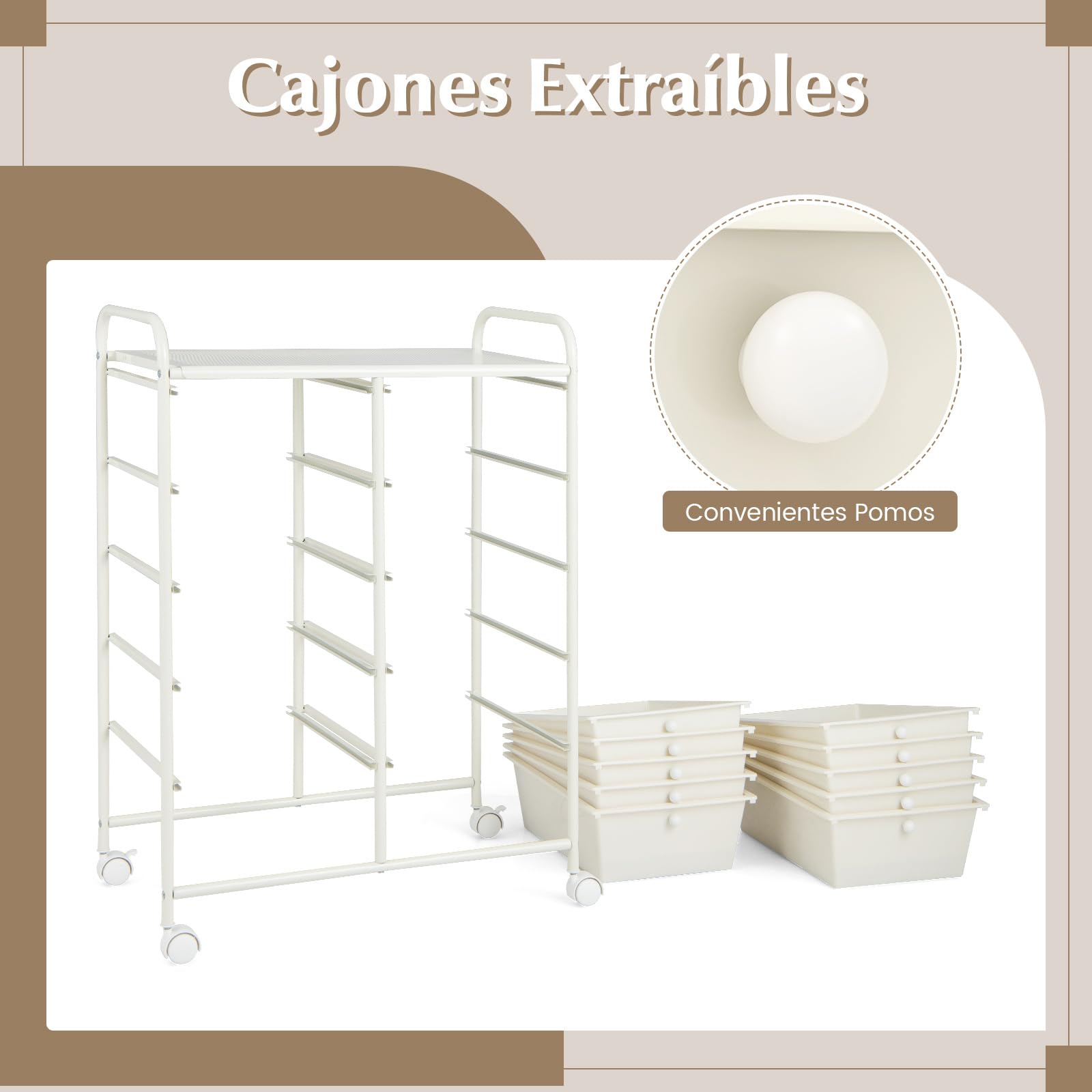 COSTWAY Carrito Auxiliar con Ruedas, Carro Almacenaje con 10 Cajones Grandes y Apilables, Carrito Organizador con Ruedas Bloqueables de Marco de Metal para Cocina Oficina (Blanco)