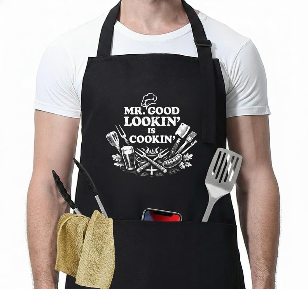 ZJEEACO BBQ Apron Gifts for Men, Funny Cooking Apron with Pockets, Personalised Kitchen Aprons for Outdoor Grilling Accessories, Ideal Christmas Unusual Presents for Dad Grandad Husband (MR GOOD)