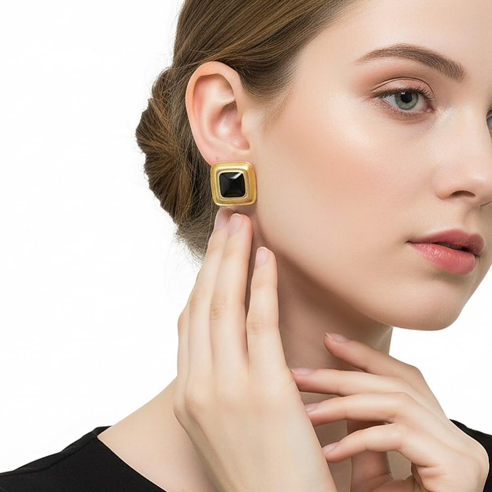 Chunky Black Gold Earrings for Women,Vintage Large Oval Square Statement Earrings,Trendy Dangle Earring Funky Jewelry - Image 2