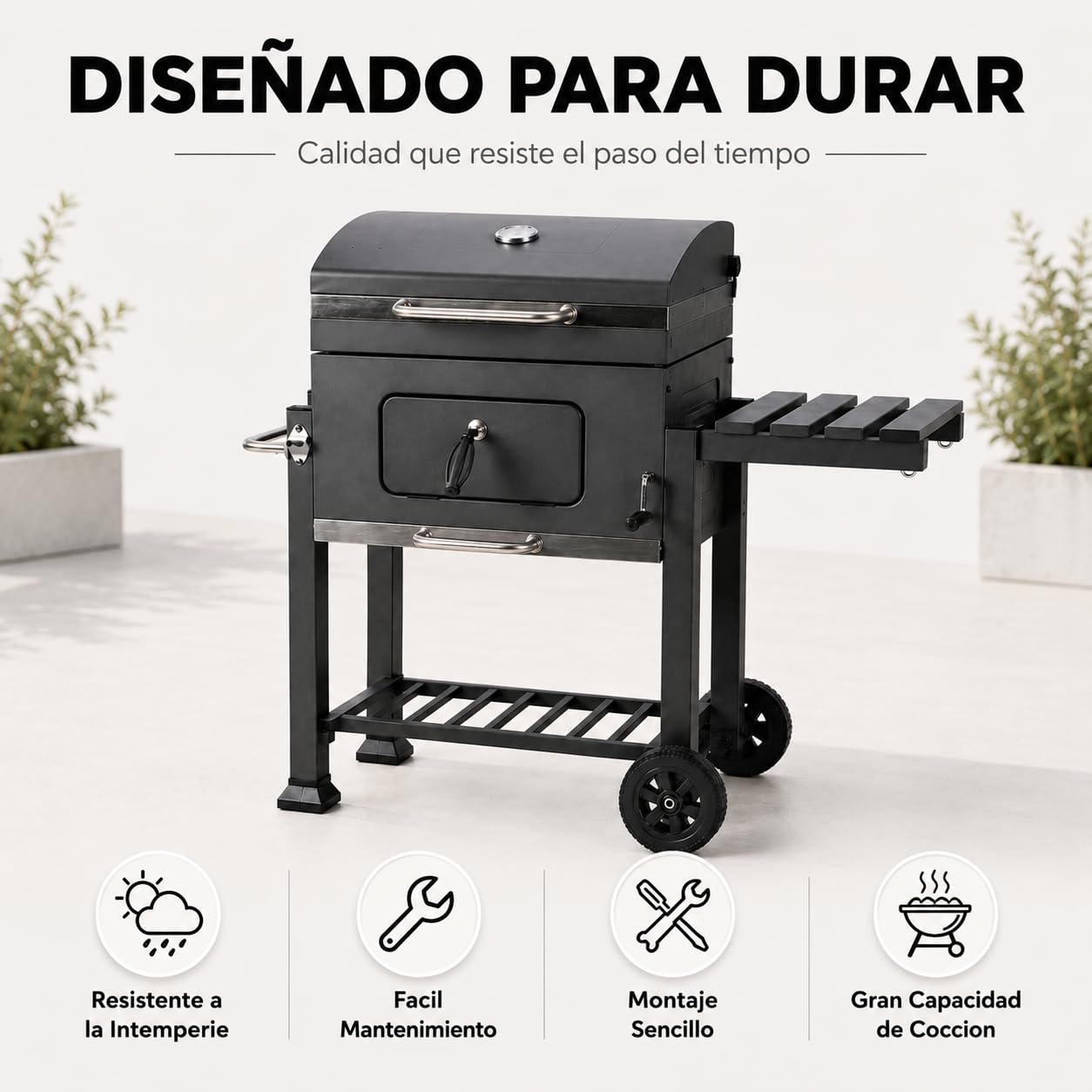 Barbacoa de carbón con tapa y ruedas – Parrilla amplia, mesas laterales, bandeja inferior, color negro, estructura resistente – Barbacoa para jardín y terraza Lorvik