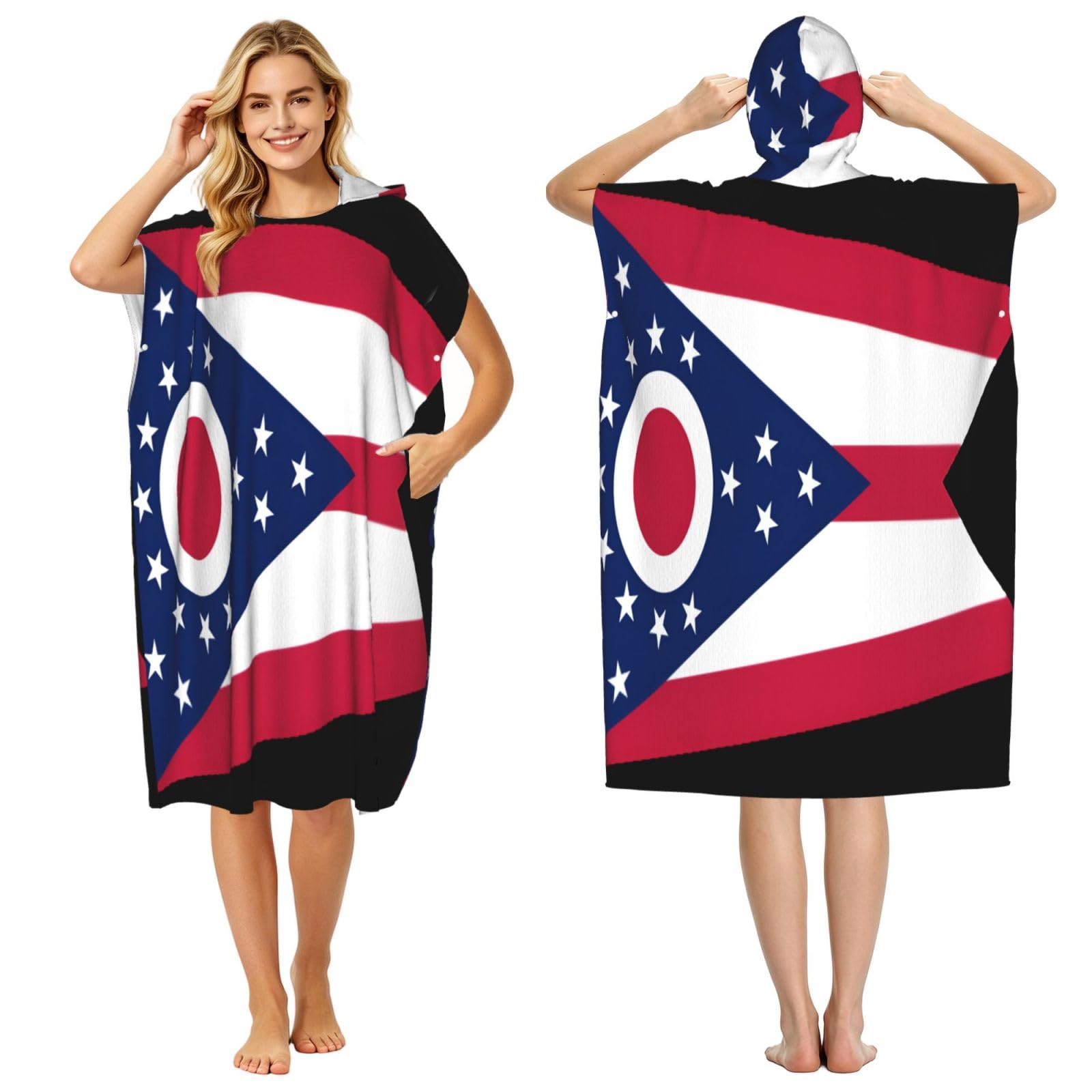 KLGRTJHK Ohio State Flag Adult Hooded Beach Poncho Towel 43"X35"