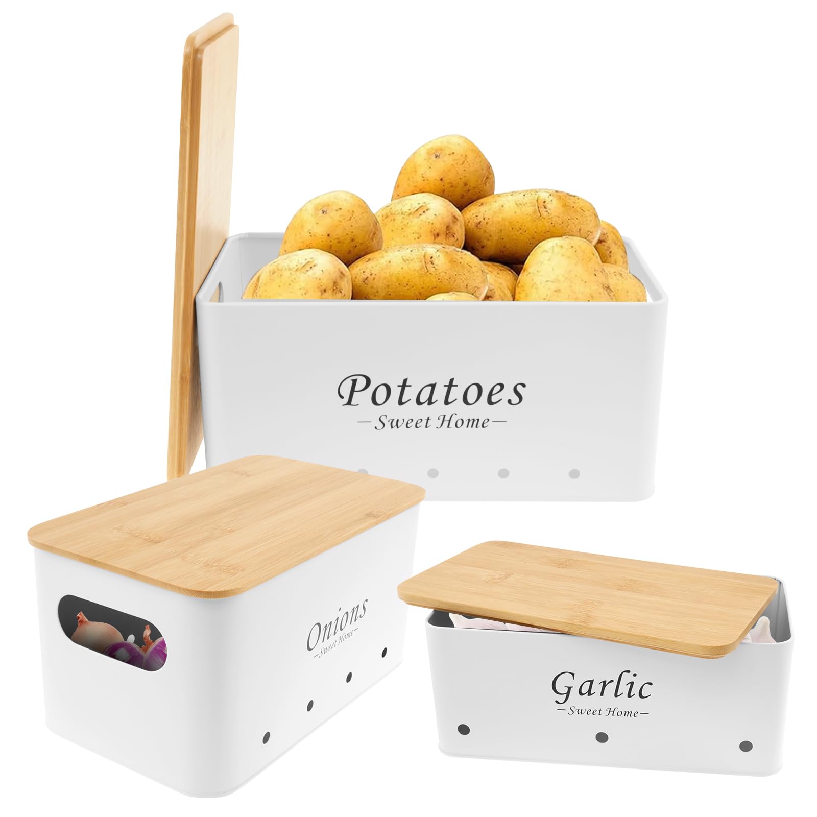 Frcctre Paquete De 3 Latas De Almacenamiento De Verduras, Juego De Recipientes De Almacenamiento De Patata, Cebolla Y Ajo, Recipientes De Almacenamiento De Verduras De Metal Negro Con Agujeros De