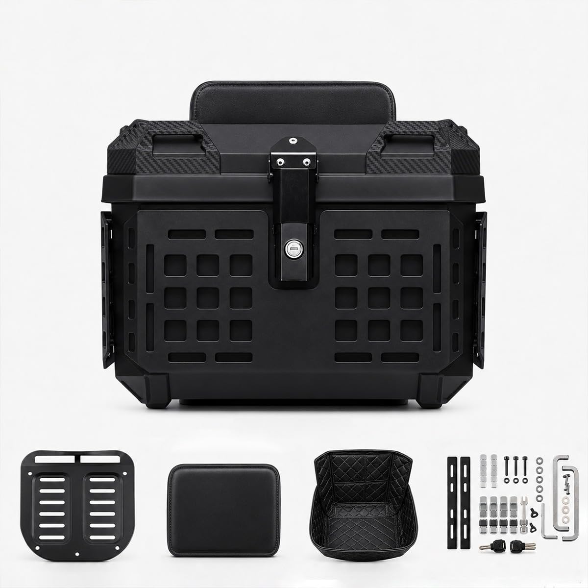 Baannaww Motorcycle Top Box 45L Waterproof ABS with Mounting Plate, Lockable Rear Storage Case with Double Lock, Fits Full Face Helmet, Scooter, Touring and Travel Accessories Black Matt XL