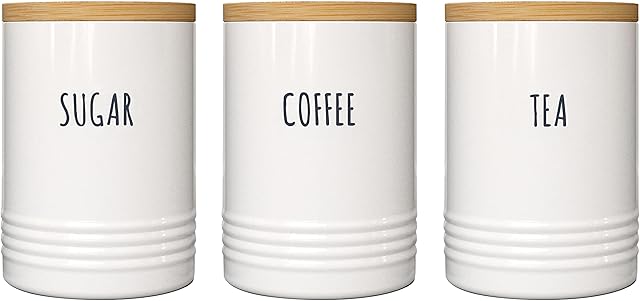 Karisky Kitchen Storage Canisters, Set of 3 Tea Coffee Sugar Jar with Airtight Bamboo Lid, Modern Farmhouse Metal Food Storage Container for Kitchen Counter