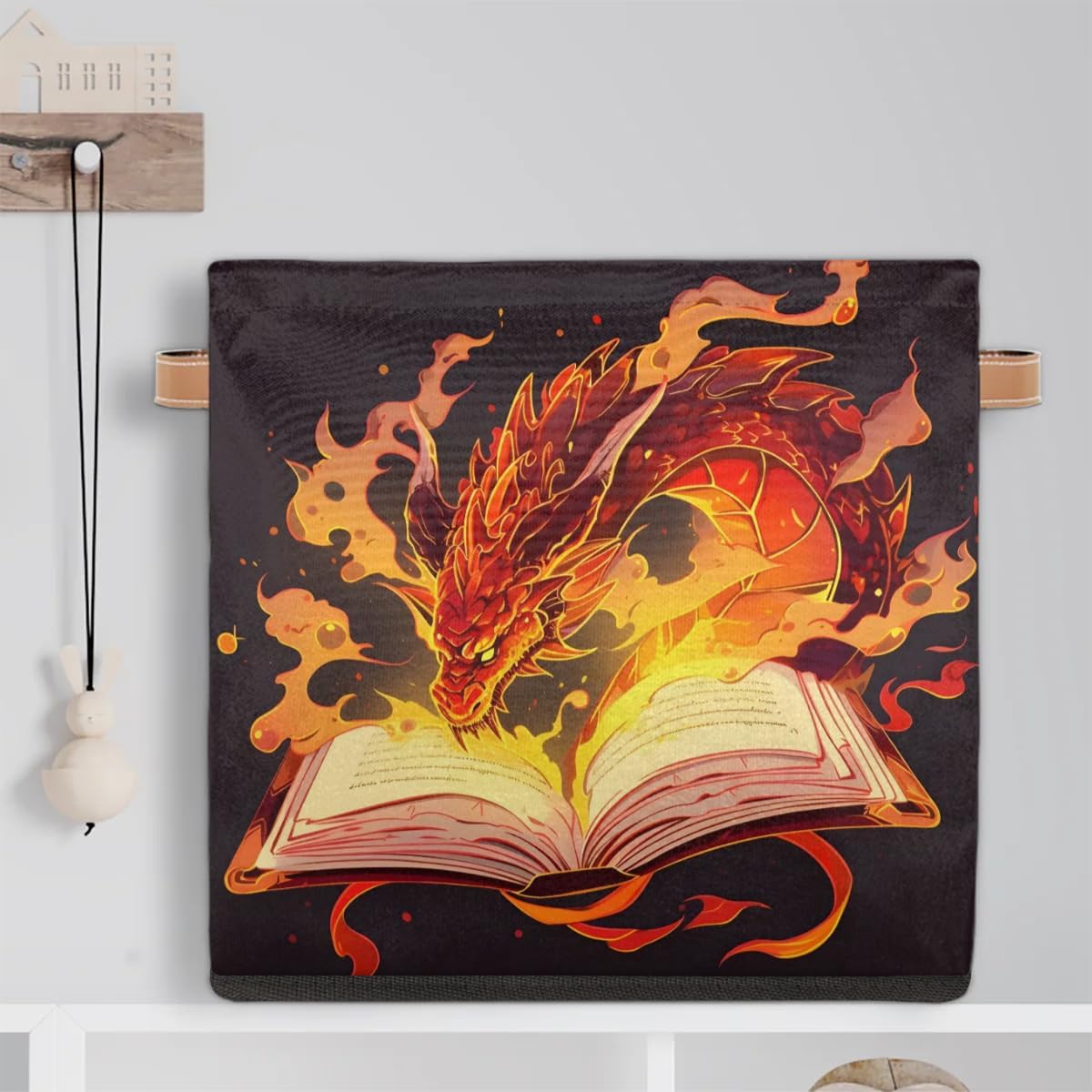 13 Inch Fabric Storage Cube with Handles, Magic Dragon Print Collapsible Square Storage Basket, Fiery Magic Book Storage Bin Canvas Closet Organizer for Toys Books Clothes