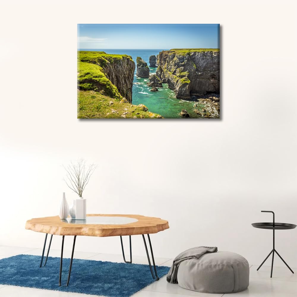 Pembrokeshire Coast Wales Canvas Wall Art Rock Stacks Offshore Wall Paintings 1 Piece Wall Decoration for Living Room Decor Summer Wall Pictures for Bedroom Framed Ready to Hang (16''Wx 24''H) - Image 3
