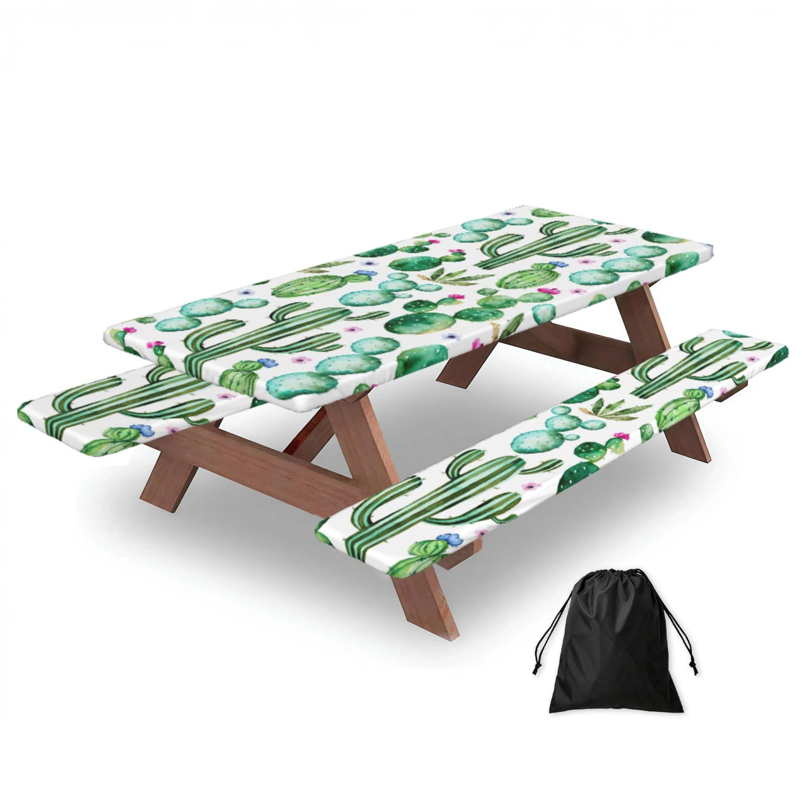 Yqxwjl Black Tropical Cactus Tree Flower Print Camping Essentials Waterproof Camping Table And Bench Cover With Drawstring Bag 183 Cm